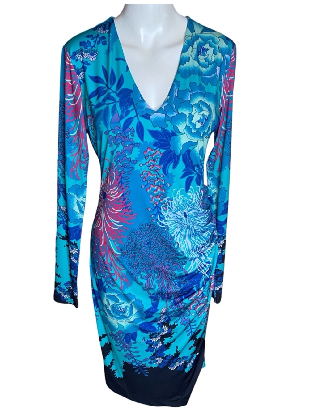 Hale Bob Blue Floral V-Neck Long Sleeve Dress Size Faux Wrap Size M